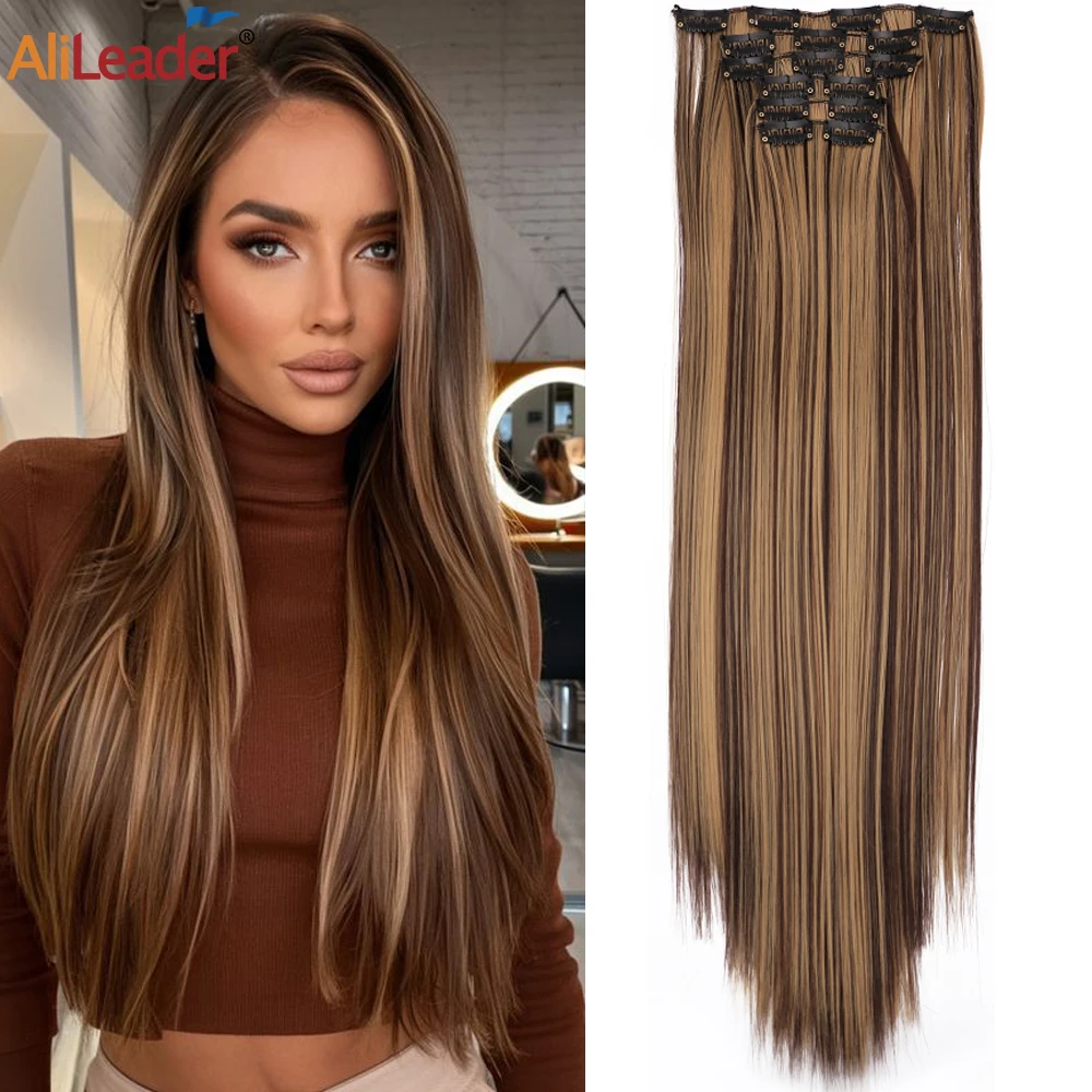 

Synthetic Clip In Hair Extensions 22 Inch 160G Straight Full Head 6Pcs/Set Clip In Extensions For Woman Straight With 16 Clips