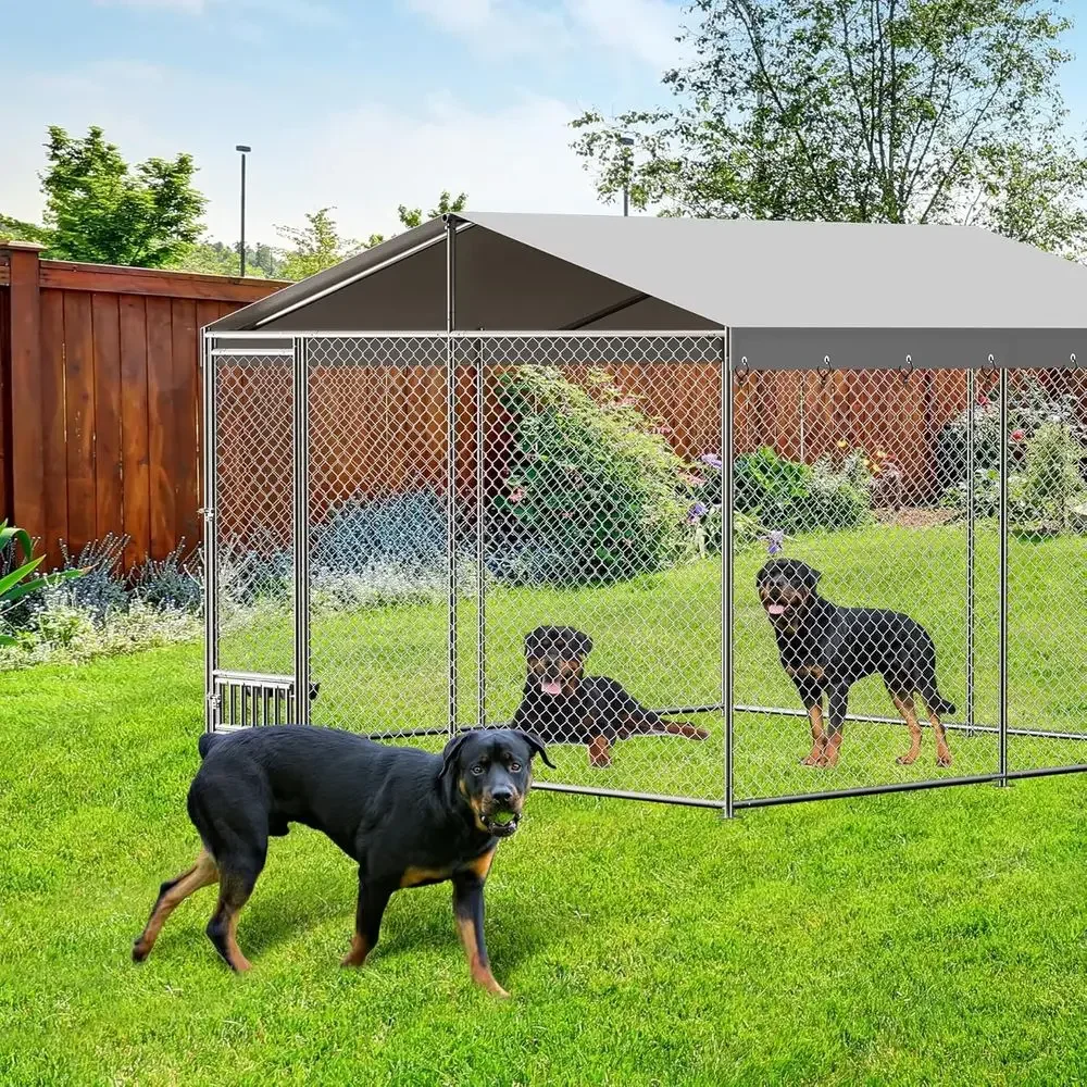

10x10x7 ft Durable Outdoor Dog Kennel with Waterproof and UV-Resistant Roof Cover, Ideal for Large Dogs in Yards