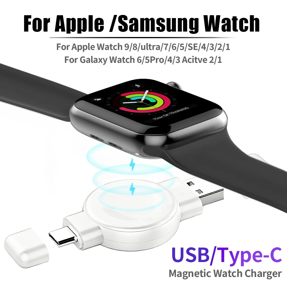

Magnetic Wireless Fast Charger For Apple Watch Series 9 8 7 6 5 4 3 SE iWatch Samsung USB Type C Charging Station Two Interfaces