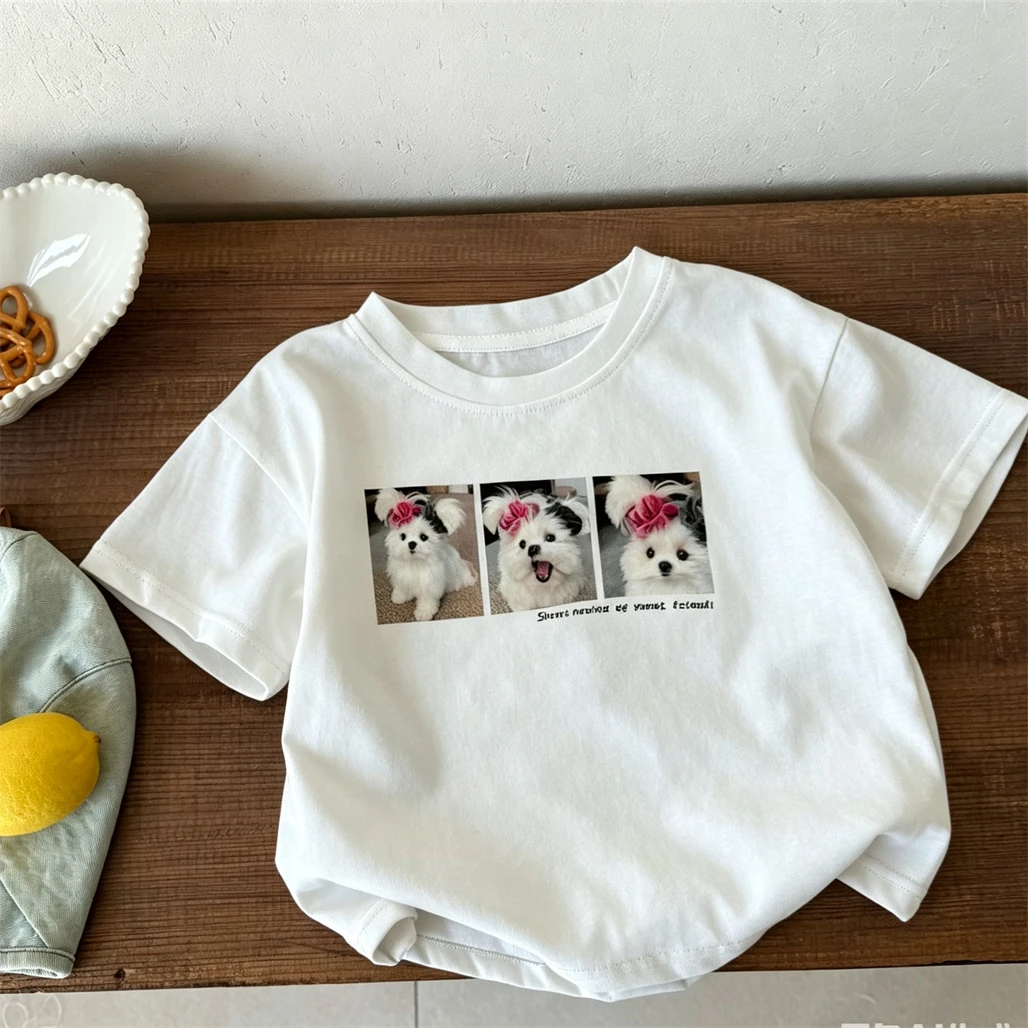 Cartoon Cat TShirt Short-sleeved Tops 1-7Years Old Girls Cute Printed T Shirt Simple All-match Base Shirt Toddler New Design T