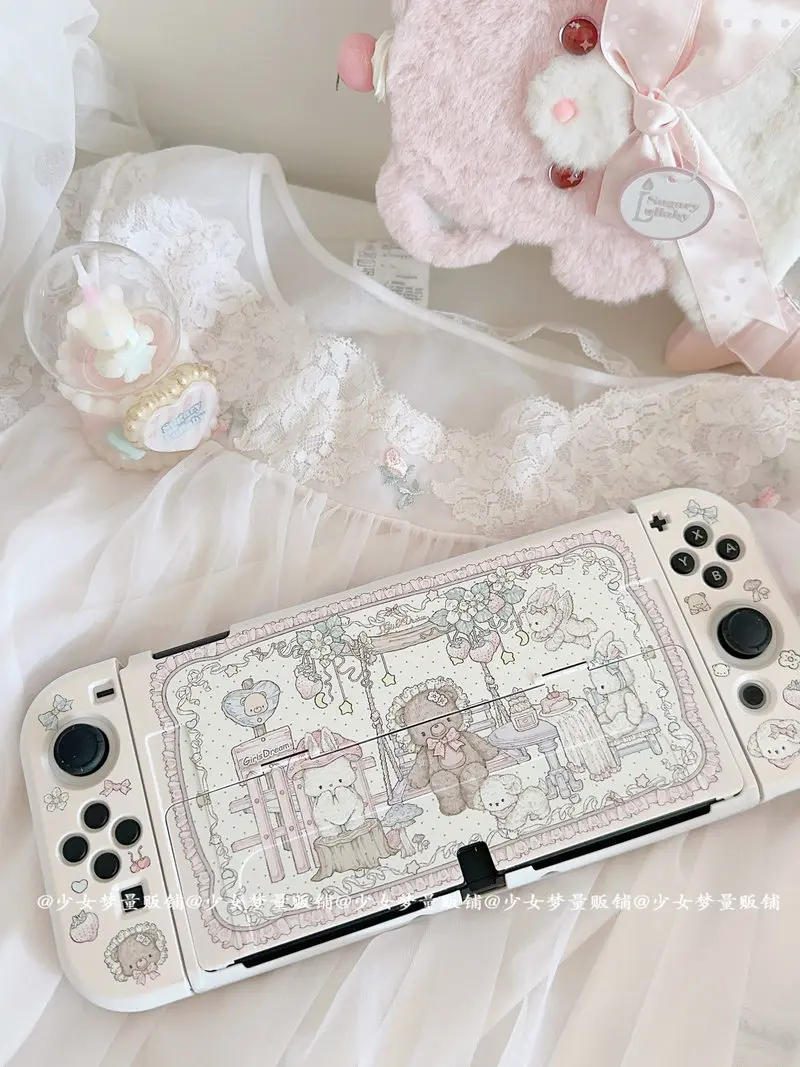 Girls Dream Switch Protective Case Split Type For Switch Oled Ns Hard Soft Shell Cute Bear Tea Party Print Game Console Cover view 4