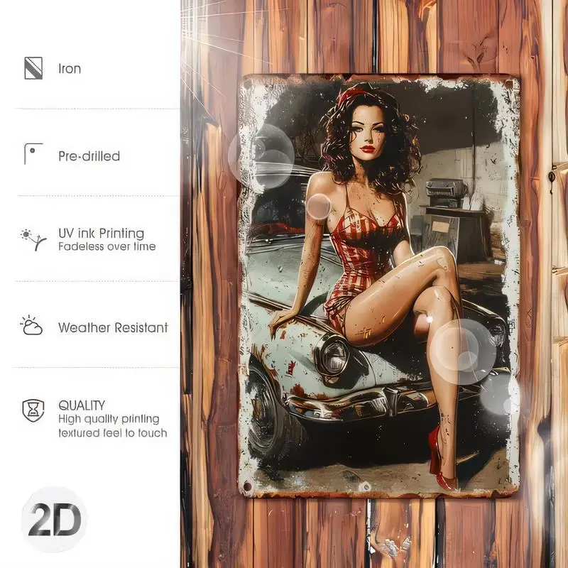 2D Retro Pin - Up Girl & Vintage Car Iron Sign, UV Printed Fadeless, Weather Resistant, Pre - Drilled, Distressed Design for Gar