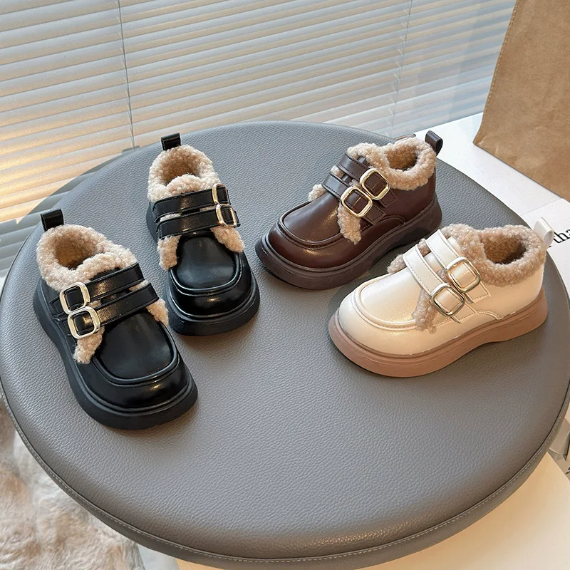 Winter Children Leather Shoes with Fleece Lined Girls Plus Velvet Warm Shoes Fashion Anti-slippery Versatile Princess Chic Shoes