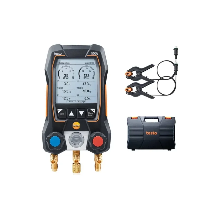 Testo 550s Basic Kit, Smart Digital Manifold with Fixed Cable Clamp, Temperature Probes, 0564 5501