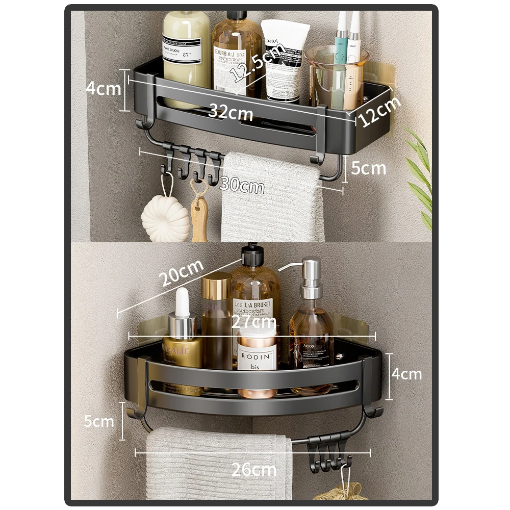 Bathroom Corner Shelves No Drilling Shower Shampoo Storage Racks Wall Mounted Space Aluminum Rustproof Shelf with Hooks