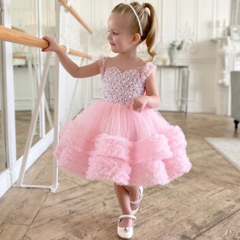 Vestidos de flores verdes para niña, tul hinchado, Top escalonado de perlas con lazo, sin mangas para boda, fiesta de cumpleaños, banquete, vestidos de princesa