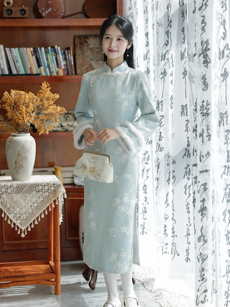 Robe Qipao Traditionnelle Rétro pour Femme, Doublée Polaire, Manches Longues, Taille Cintrée, Longueur Midi, Couleur Bleue, Nouvelle Collection Automne Hiver