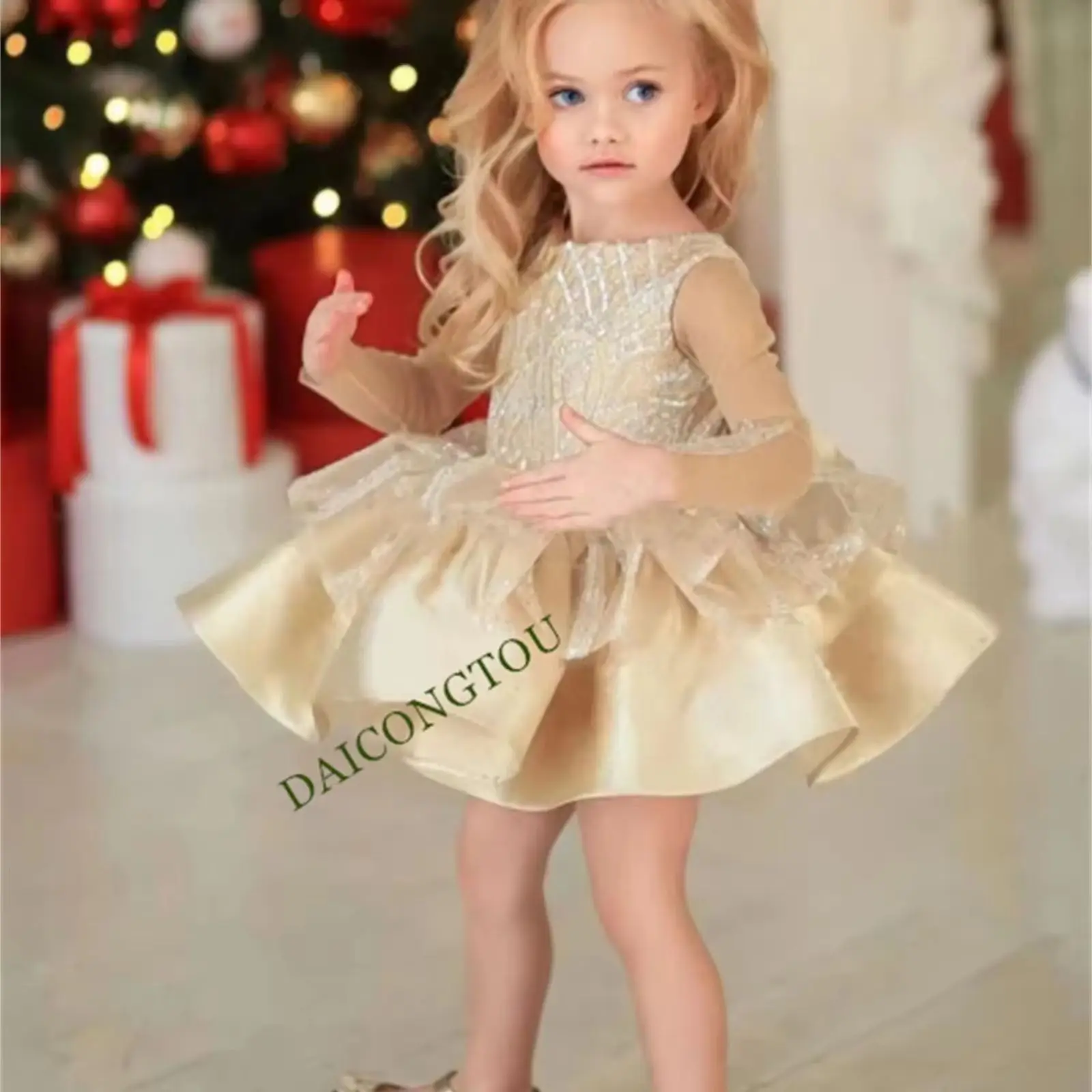 

CustomizedGold Baby Girl Dresses Long Sleeves Sequin Tutu Puff Kids Birthday Party Gowns Sparkling Toddler Flower Girl Dress