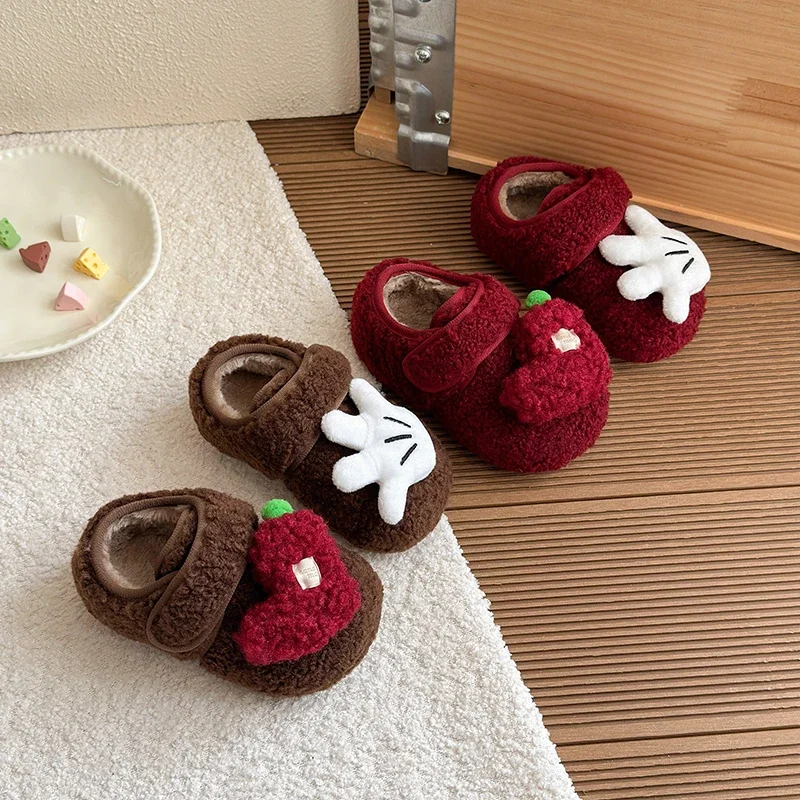 Toddler Asymmetric 3D Doll Plush Winter Shoes Magic‑Tape Fleece‑Lined Non‑Slip Fuzzy Kids Shoes