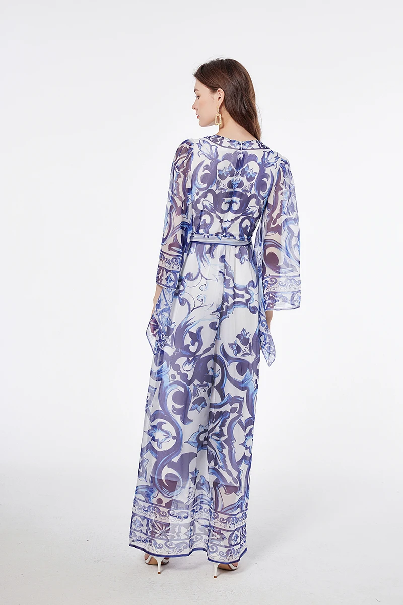 Robe bohème en porcelaine rouge bleu blanc pour femme, manches longues chauve-souris, imprimé floral, plage, piste, robe de soirée Maxi, été