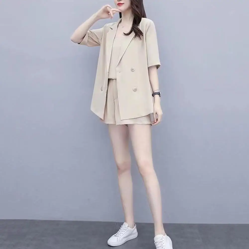 3 Pcs/Set Women Formal Suit Sleevless Vest High Waist Shorts Short Sleeve Double-breasted Lapel Coat Solid Color OL Commute Offi