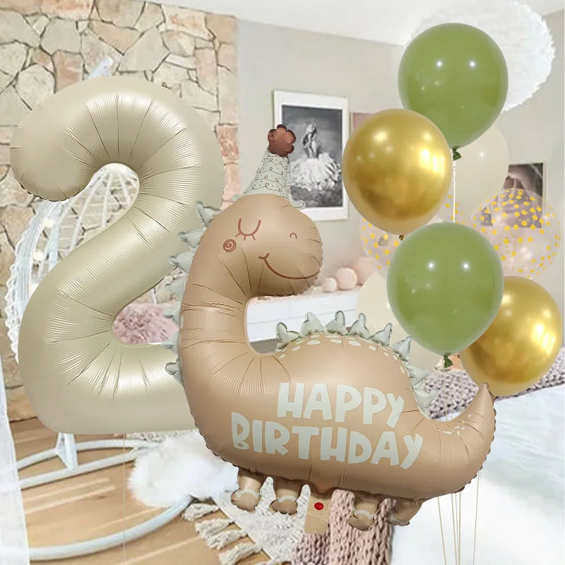 Retro Matte Caramel Colored Dinosaur Aluminum Film Number Balloon Set Happy Birthday Party Decoration Kids Background Photo Prop