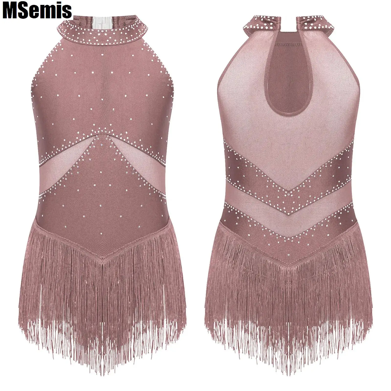 Kids Girls Fringed Dance Leotard Glittery Rhinestones Sheer Mesh Patchwork Keyhole Back Tassel Bodysuit for Figure Skating