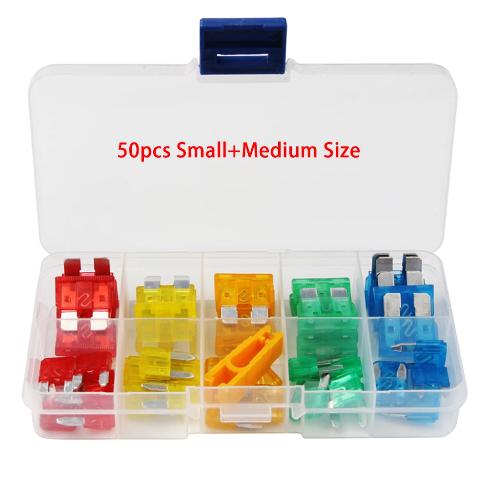 50pcs Profile Medium Small Size Blade Type 5/10/15/20/30A Car Blade Fuse Assortment kit Auto Car Truck with Box