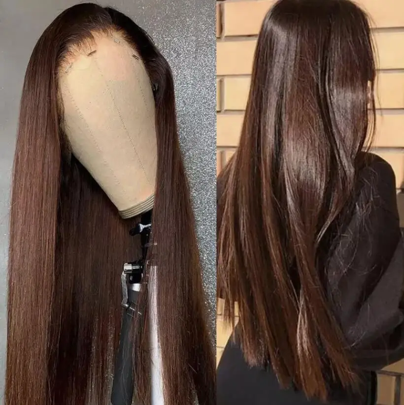 Pre Plucked Synthetic Hair Reddish brown T Lace Front Wigs Long Straight