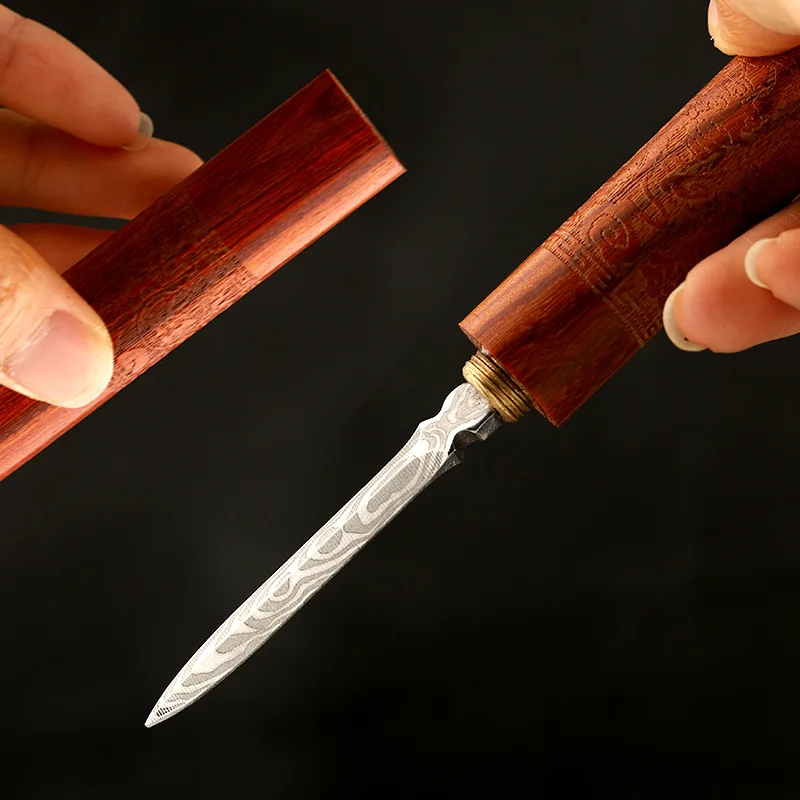 1Pcs Damascus Pattern Steel Tea Needle Carved ebony Pu\'er tea knife pattern steel black tea needle for tea ceremony spare parts