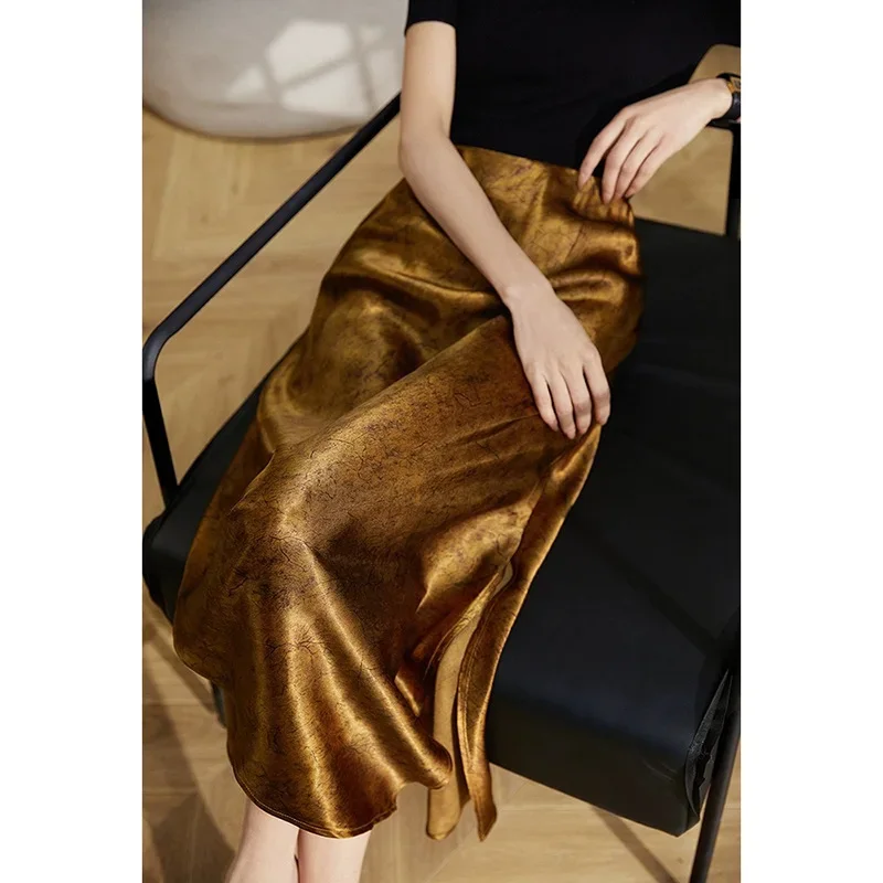 2024 New Vintage Xiangyun Sha Craquelure Acid Acetic Skirt New Chinese Style Calf Length Satin Skirt for Summer 4 Colors Option