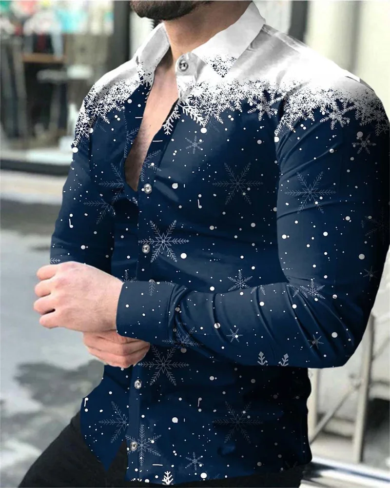 Heren Sneeuwvlok Bedrukt Shirt Met Lange Mouwen Heren Casual All-Match Fashion Street Heren Overhemd Revers Met Lange Mouwen