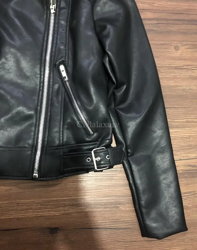 2023 New Spring Autumn Women Black Faux Leather Jacket Casual Zipper With Belt Biker Coat Female Casual Solid Short Outwear