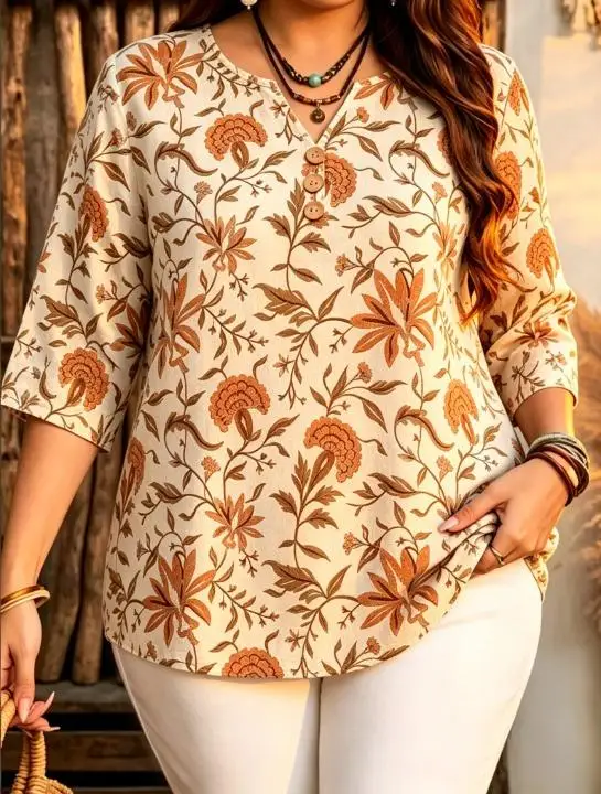Plus Size Ditsy Floral Blouse Notch V Neck 3/4 Sleeve Wooden Front Buttons Loose Casual Daily Soft Shirt