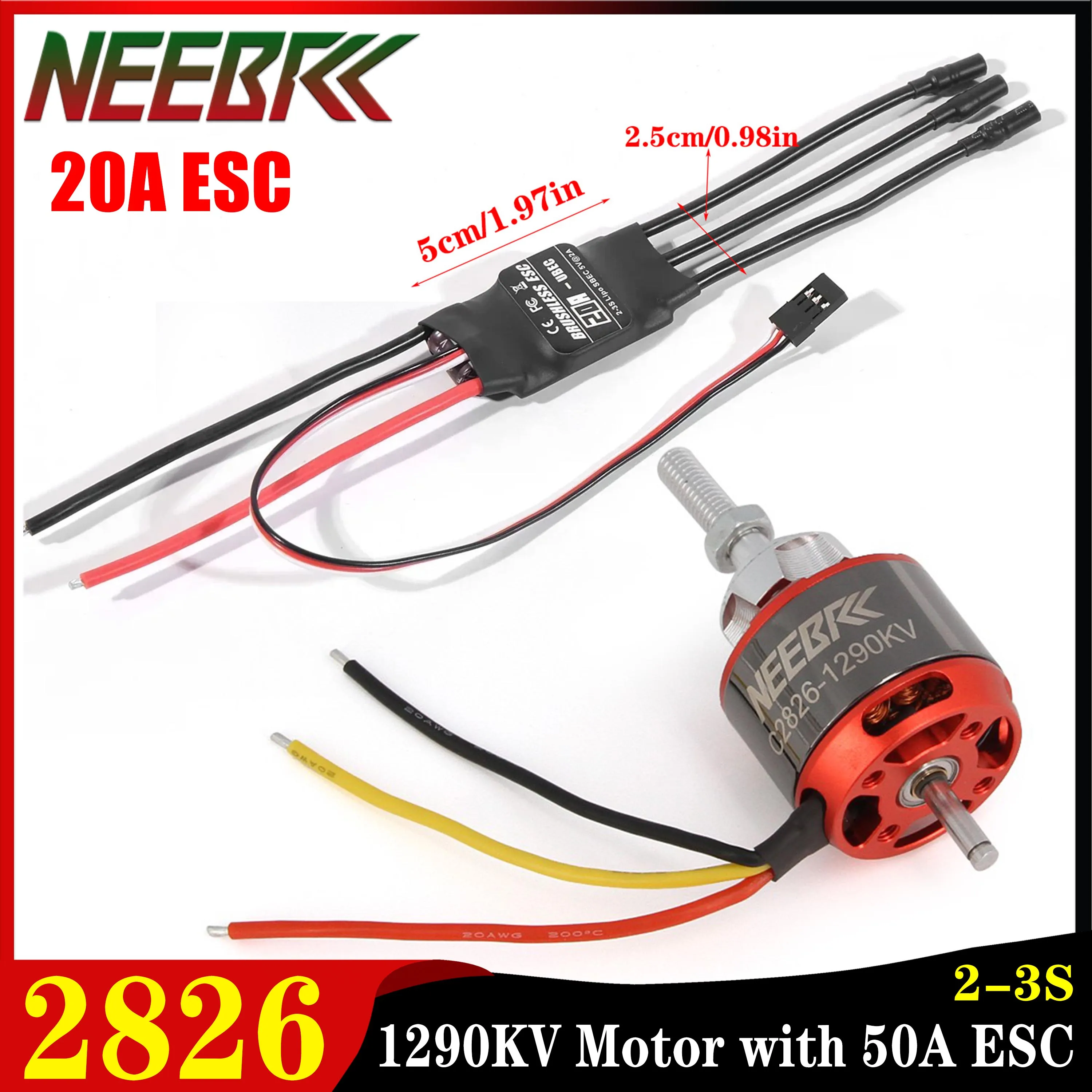 

NEEBRC 2826 1290KV Outrunner Brushless Motor with 2-3S 20A ESC 3.5mm Plug for RC Fixed-wing FPV Drone Aircraft Plane Quadcopter