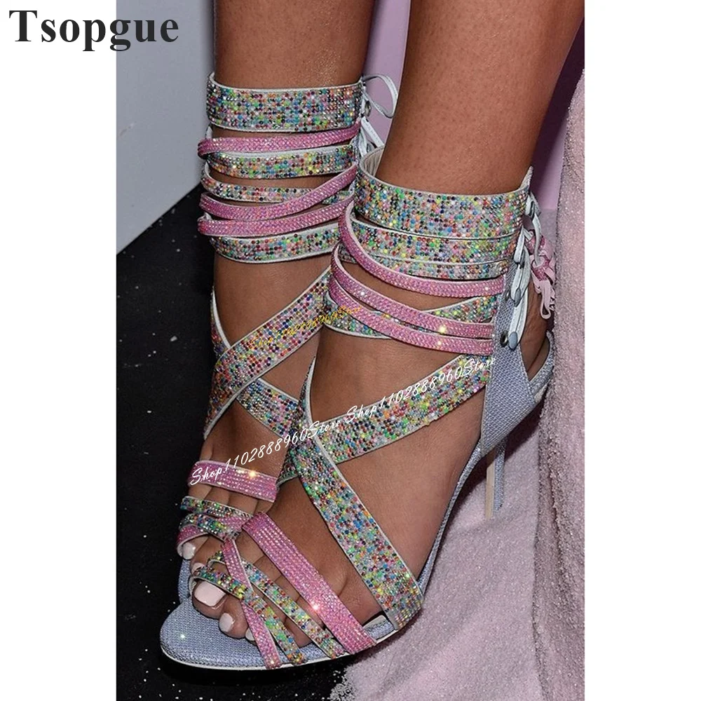 Cross Tied Mixed Color Crystal Strappy Sandals Thin High Heel Shoes For Women Lace Up Open Toe 2024 Fashion Zapatos Para Mujere