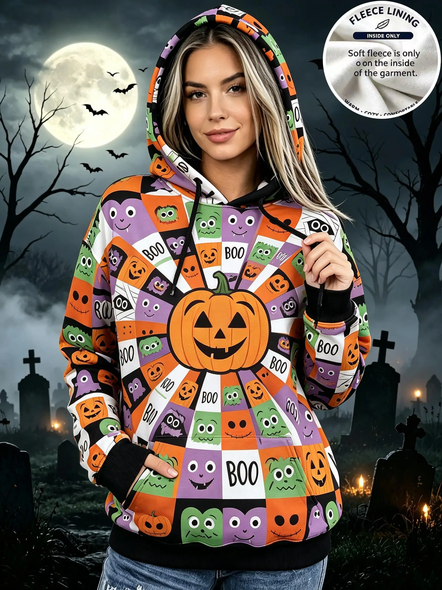 Women Colorful Checkered Halloween Cute Ghost Face Pumpkin Square Print Hoodie Warm Fleece Lined Drawstring Pocket Pullover