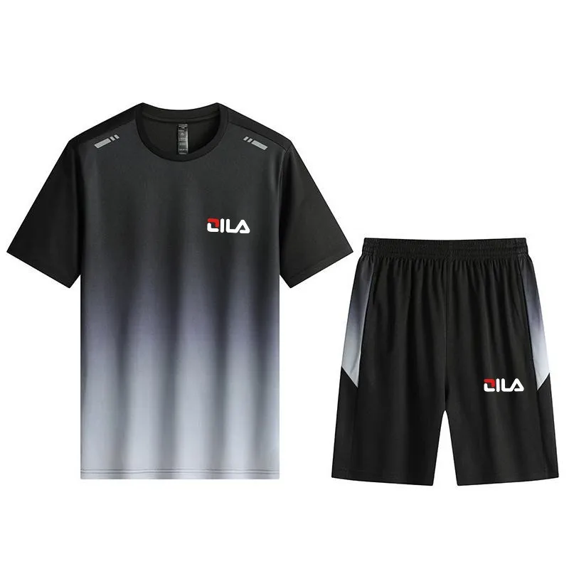 

Summer Men's Sweatshirt Set Fashion Gradient Print Short Sleeve Tees and Shorts 2 Piece Casual Running Sports Suits Men Clothing