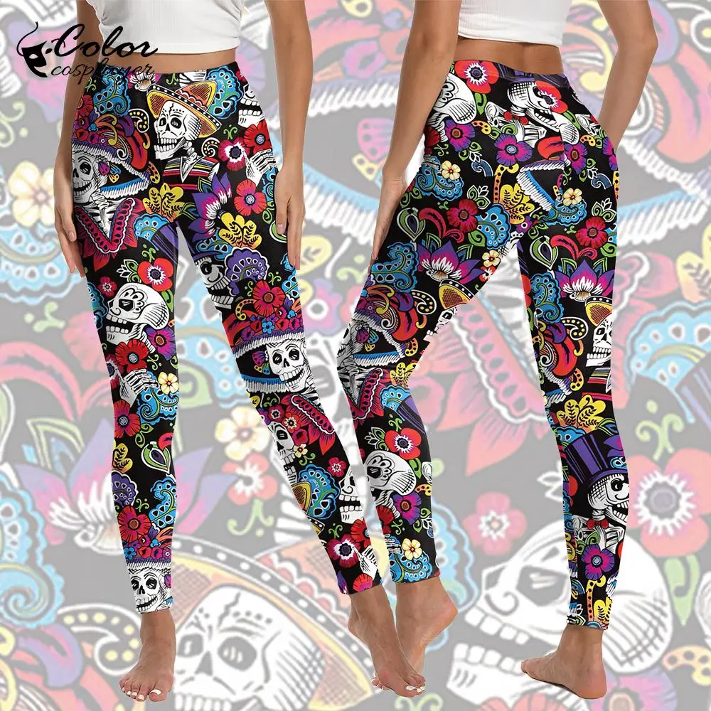 Color Cosplayer Skull Pattern Leggings Women Halloween Skinny Pants Elastic Yoga Leggings Festival Trousers Gothic Outfit