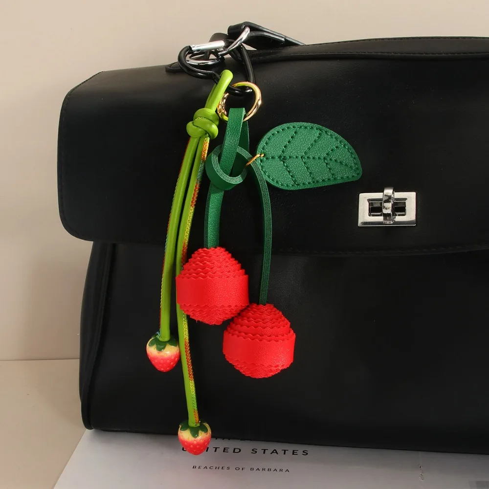 

Woven Flower Strawberry Bag Pendant Cherry Backpack Accessories PU Leather Pendant Braided Rope Car Keyring Fruit Keychain