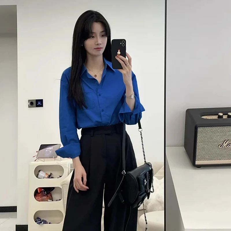 

Синяя утягивающая рубашка с длинным рукавом, женская весенне-осенняя повседневная блузка в уличном стиле, однотонная универсальная базовая рубашка с отложным воротником