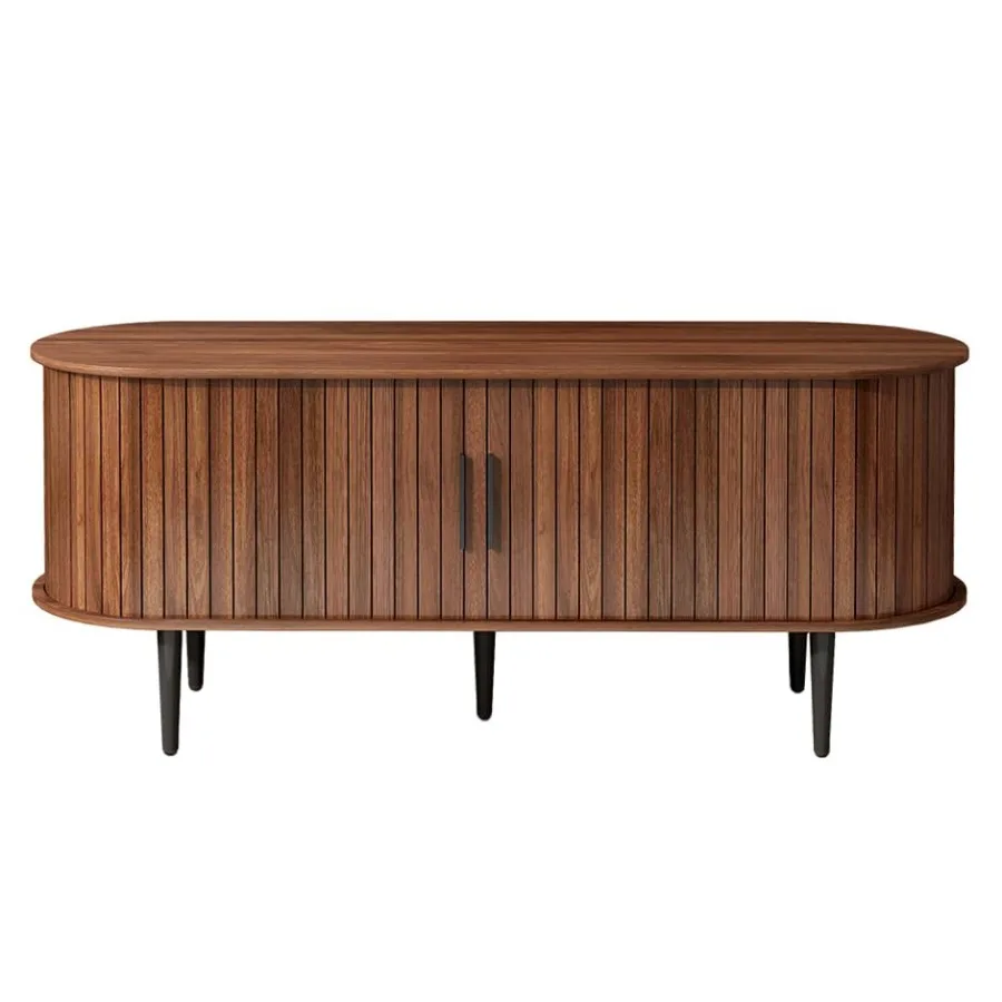 حامل تلفزيون مخدد مع باب منزلق ومركز ترفيه حديث مع خزانة تخزين وأدراج لغرفة المعيشة في منتصف القرن #1