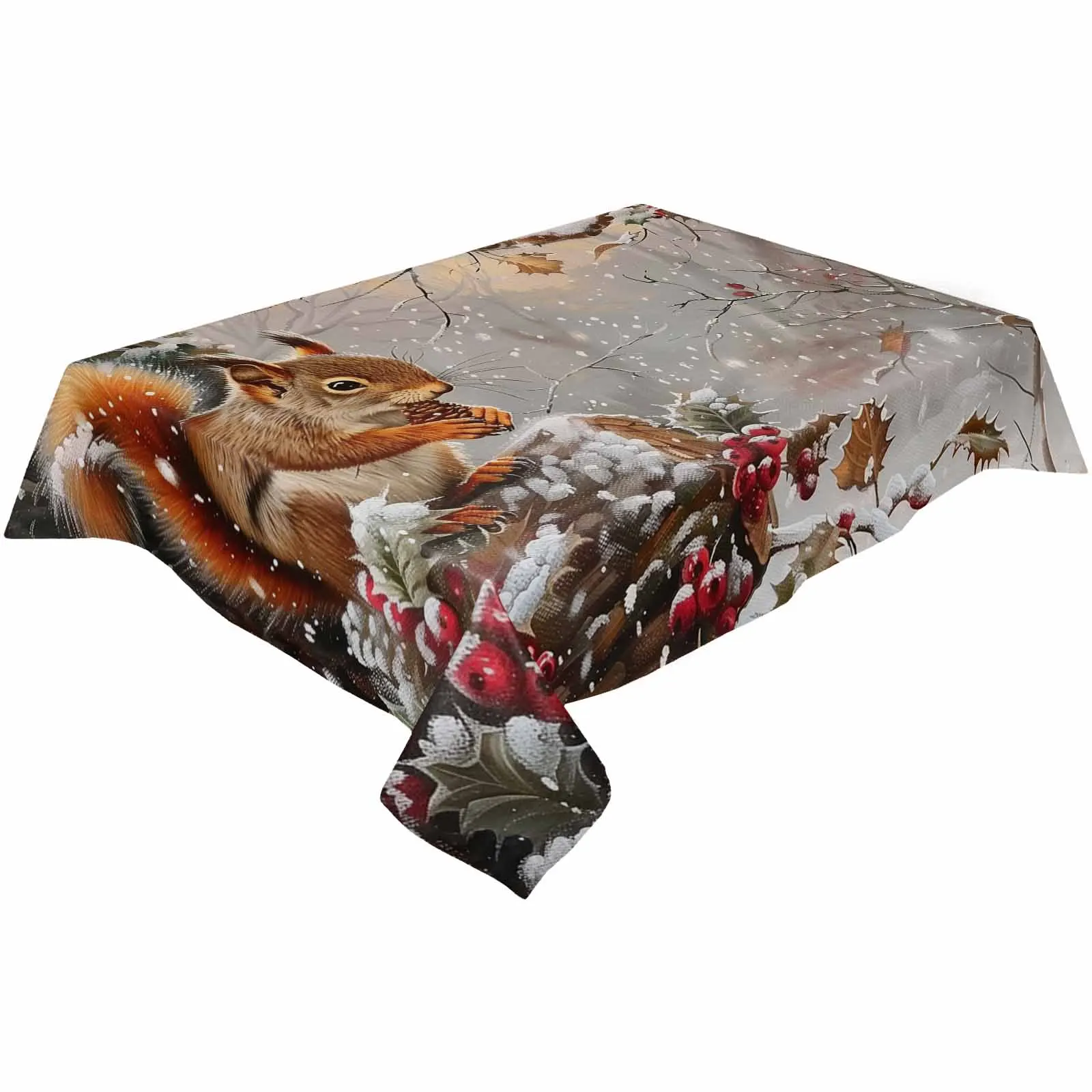 Christmas Squirrel Snowflake Pine Tree Tablecloth Waterproof Dining Table Rectangular Round Table Cover Home Kitchen Decoration