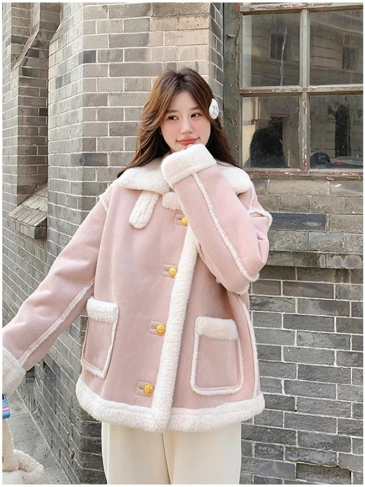 Verdickte Modische Trendige Oberbekleidung 2026 Winter Neue Koreanische Jacke Damen Fleece-Gefütterte Wildleder-Bikerjacke Lammwollmantel für Frauen