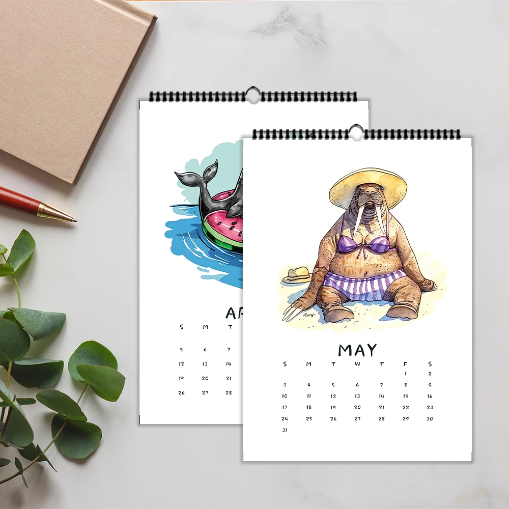 

1pc Cartoon Animal Calendar - Summer Pool Theme, with 12 Different Designs, Wall Calendar, Suitable as a Gift for Birthdays.