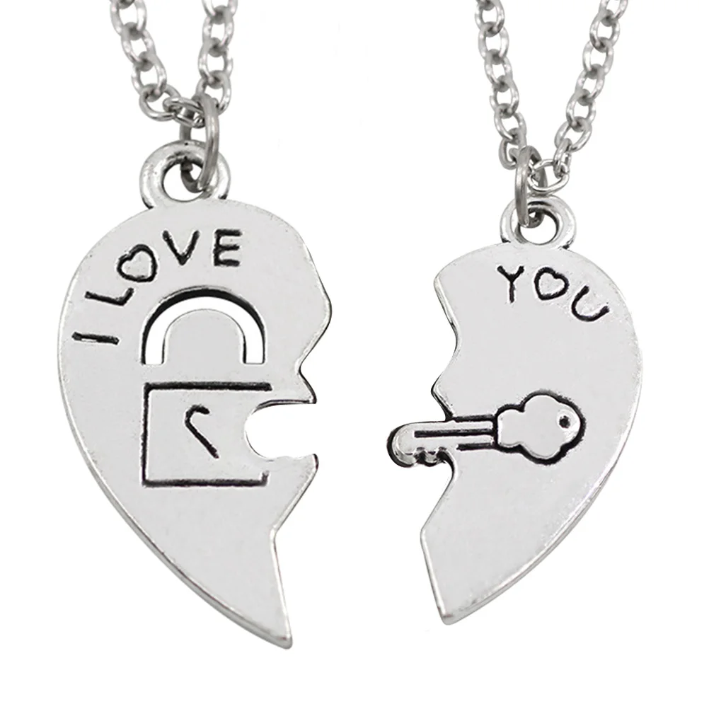 

Couples Necklace Letter Heart Pendant I LOVE YOU Key Lock Design Silver Color Valentine Gift Corrosion Resistant Long Lasting