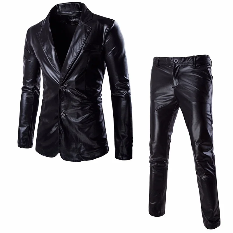 Men's Suit Slim Fit 2 Button 2 Piece Set Solid Shiny Party Gold Silver Black Suit For Men Wedding Prom Blazer Jacket & Pants