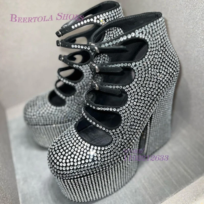 Black Patchwork Silver Crystal Platform Heel Bling Girls Chunky Cutout Stripes Ankle Buckle Sandal Spring Dress Dance Woman Shoe