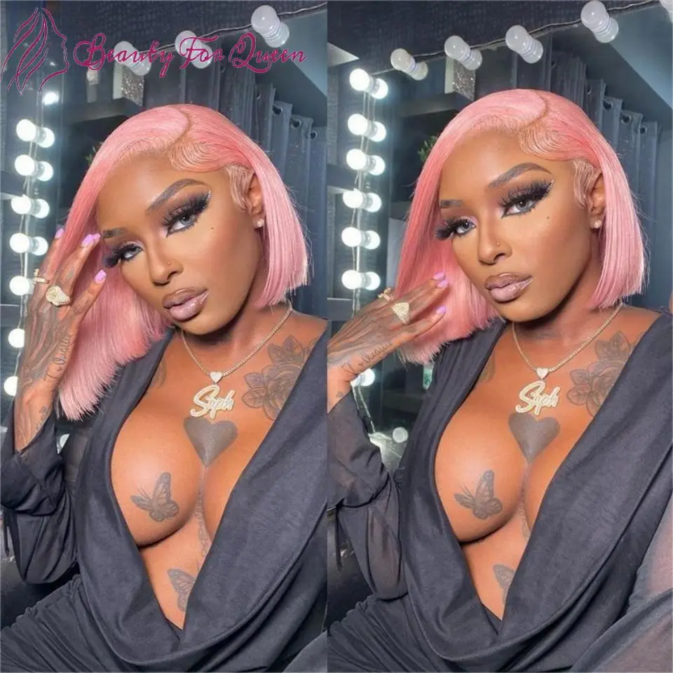 

Transparent 13x4 Lace Frontal Wigs Light Pink Straight Short Bob Cosplay 200 Density Brazilian Colored Human Hair Wig For Women