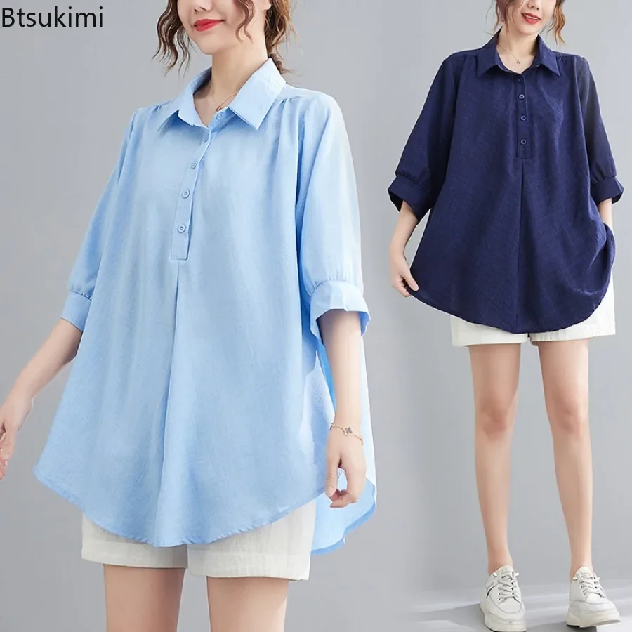 2024 Fashion New Women's 100% Linen Casual Shirts High Quality Loose 3/4 Sleeve Vintage Breathable Blouses Oversized Women Tops