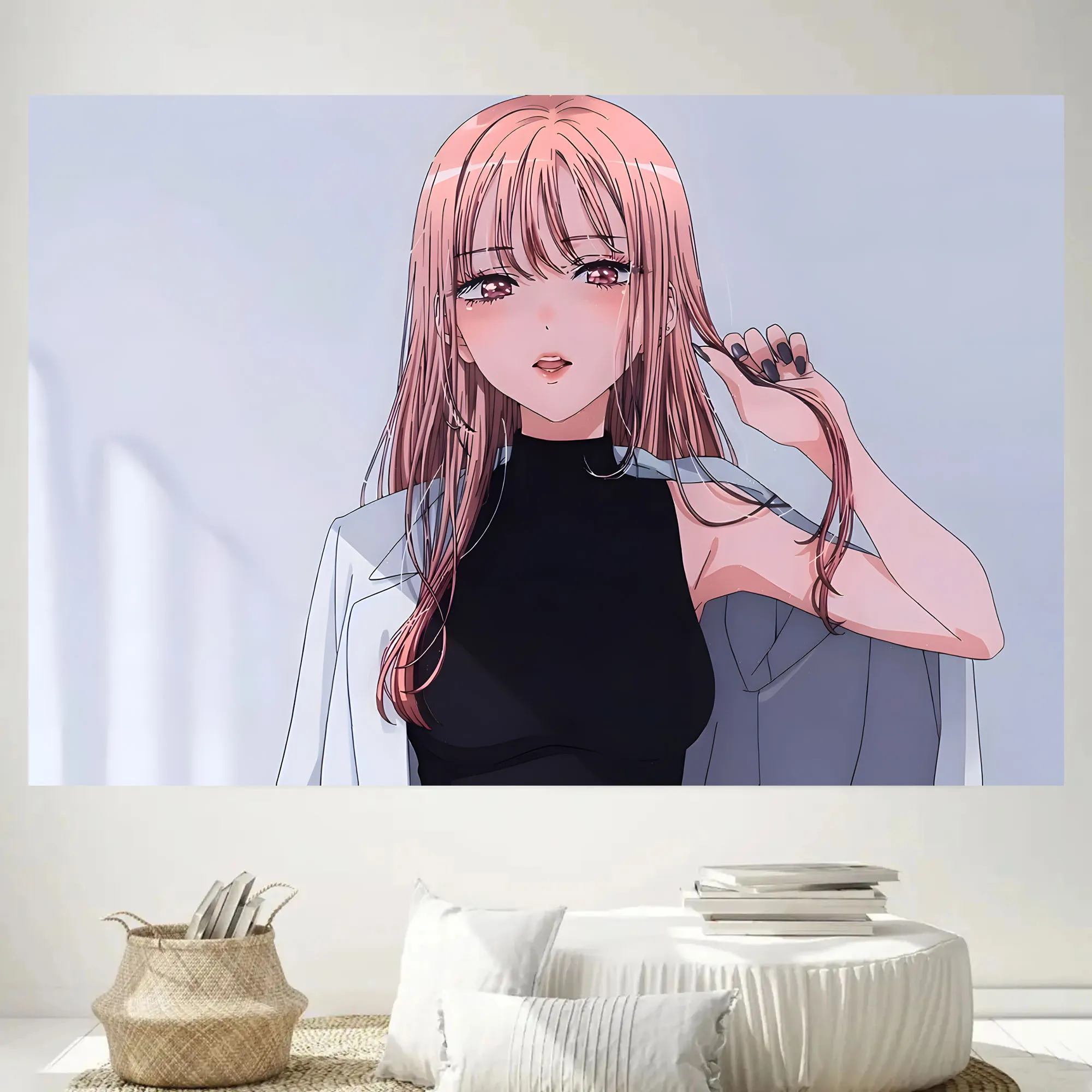 Korean Manhwa Style Anime Girl Tapestry, Fashion Cool Portrait Simple Background Wall Hanging Dorm Bedroom Wall Decor Blanket