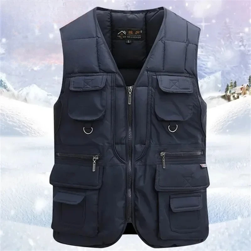 شتاء دافئ الرجال مبطن سترات الصيد متعددة جيوب في الهواء الطلق التكتيكية سترة الرجال أكمام سستة صدرية الصلبة سترة الصيد