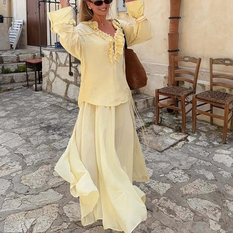 

Summer New Loose V-Ne n Sle Long irt And Chiffon f Skirt Two-Piece Set Faionable Loose Wide Ne Design