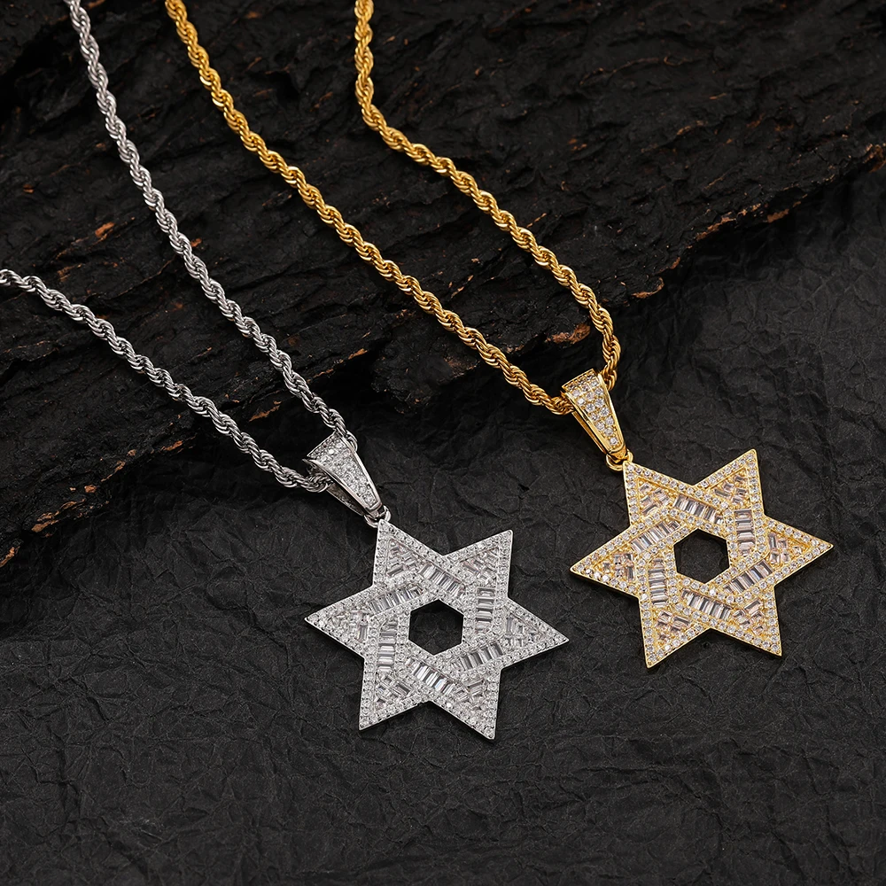 EYIKA Hiphop Crystal Zircon Star of David Pendant Necklace For Men Women Long Twist Chain Star Collar Punk Rapper Jewelry Gift