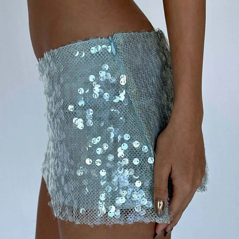 

Summer Beach Holiday Casual Solid High Waist Half Skirts Fashion Shiny Wrap Hips Skirts for Women Hot Girl Sequins Mini Skirts