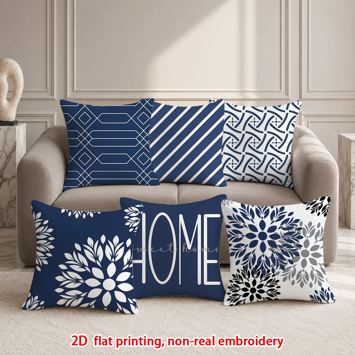 6er-Set Marineblaue Geometrische Blumen HOME Buchstaben Kissenbezüge Moderner Farmhaus-Stil Dekorative Kissenhüllen für Sofa