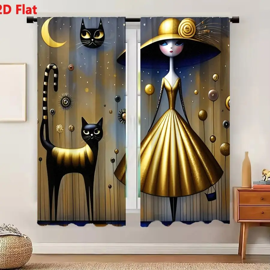 2Pcs Curtains 2D Flat Stylized Whimsical Illustration: Woman With Slender Neck Blue Eyes Pale Complexion In Gold Hat & Flared Dr