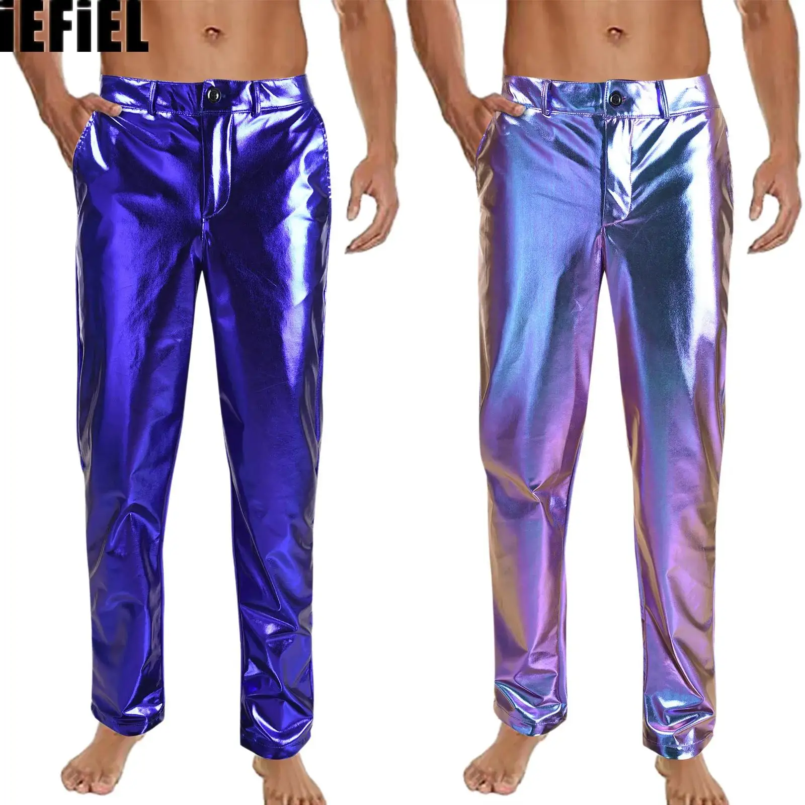 

Mens Disco Metallic Shiny Jazz Trousers Straight Leg Side Pockets Long Pants Dance Costumes for Clubbing Rock Dance