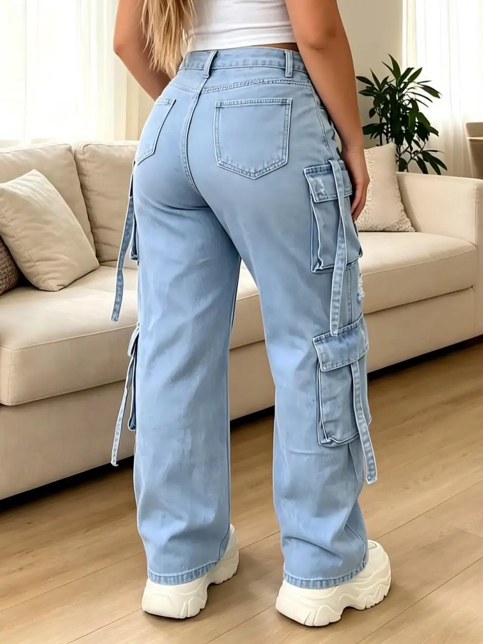 【HME】Jeans | Women Multi-Pocket Strap Cargo Denim Pants, High Waist Wide Leg Light Blue Washed Jeans, Double-Side 3D Cargo Pockets With Draped Straps, Partial Ripped Distressed Accents, Loose Leg Slimming, Street Workwear Style Casual Trousers