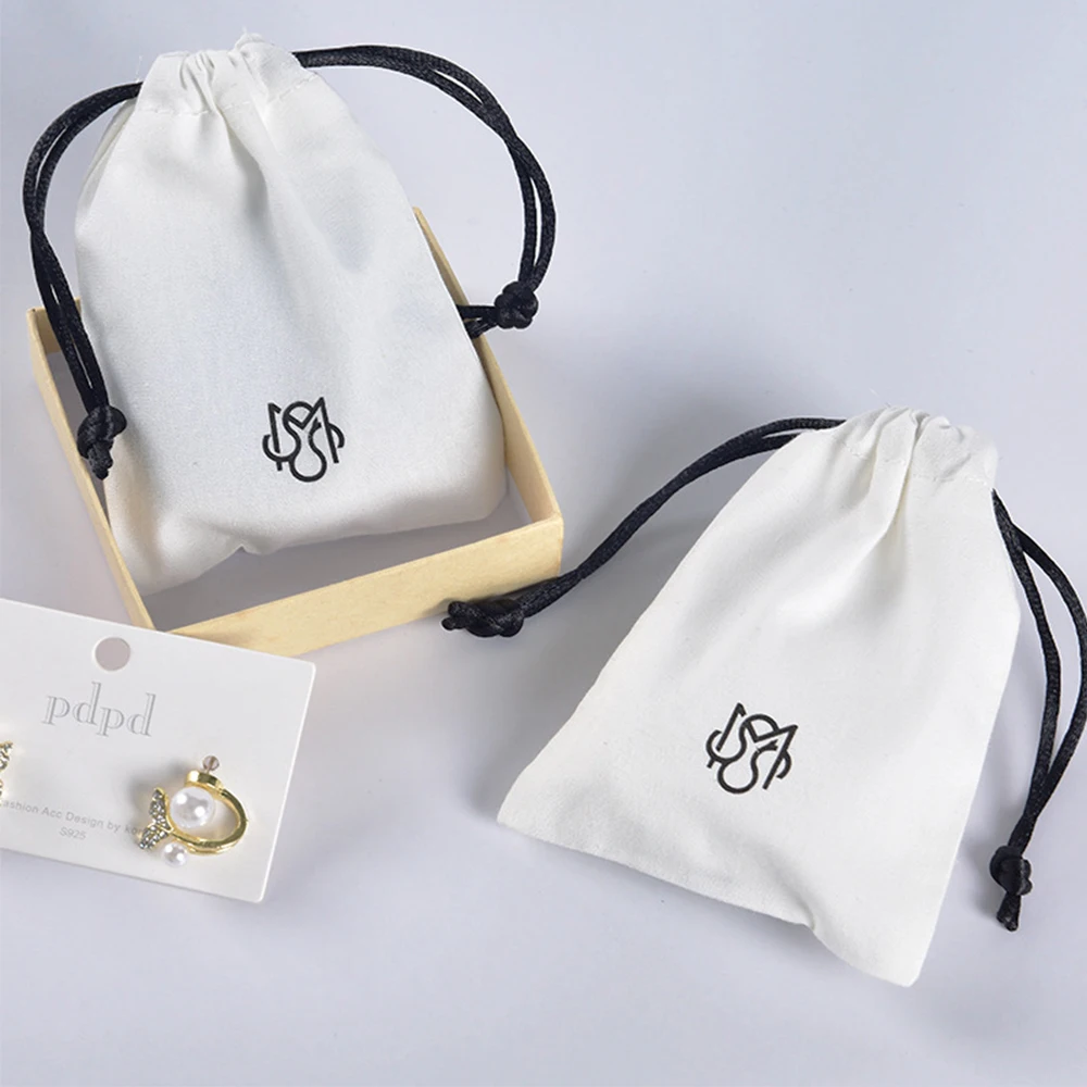 

50Pcs Personalized LogoJewelry White Cotton Bag Muslin Drawstring Canvas Pouch For Wedding Gift Candy Packaging Shopping Pocket